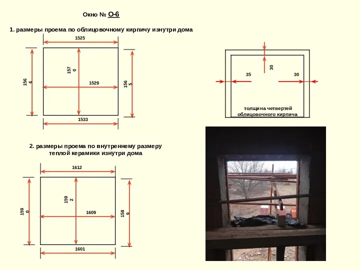 1525 Окно № О-6 1. размеры проема по облицовочному кирпичу изнутри