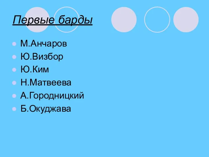 Первые барды М.Анчаров Ю.Визбор Ю.Ким Н.Матвеева А.Городницкий Б.Окуджава