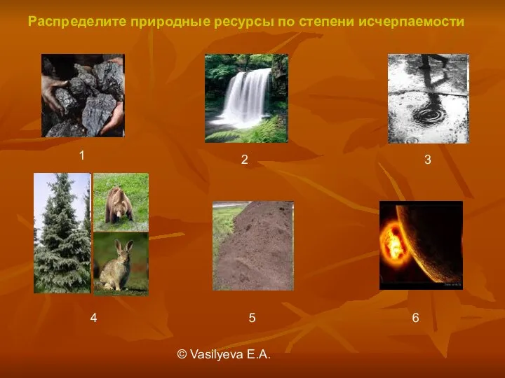 © Vasilуeva E.A. 2 1 3 4 5 6 Распределите природные ресурсы по степени исчерпаемости
