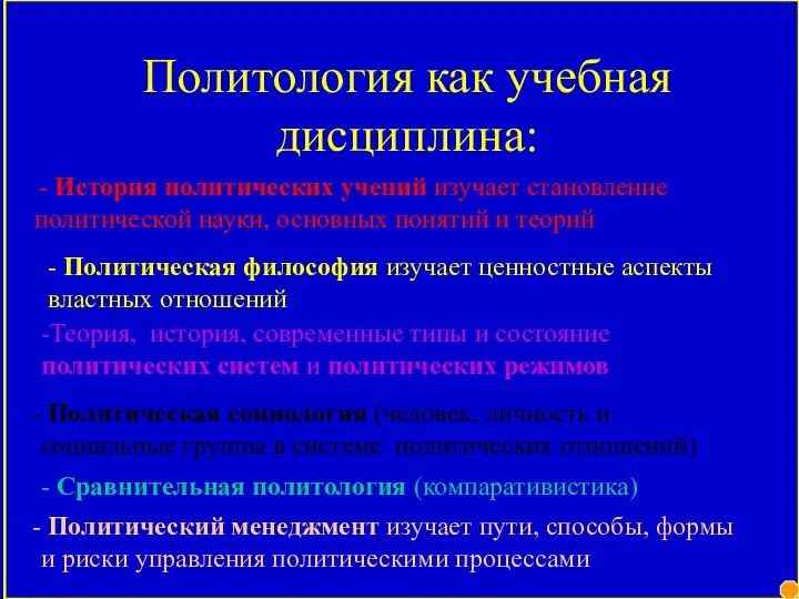 Политология как учебная дисциплина: - История политических учений изучает становление политической