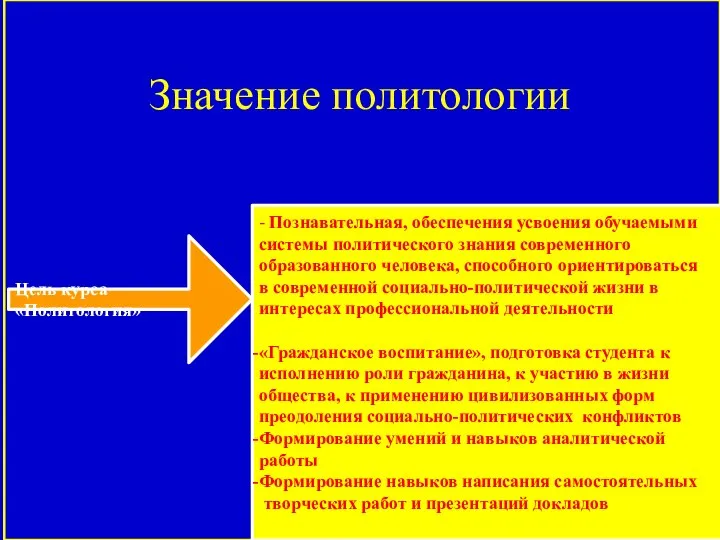 Значение политологии - Познавательная, обеспечения усвоения обучаемыми системы политического знания современного