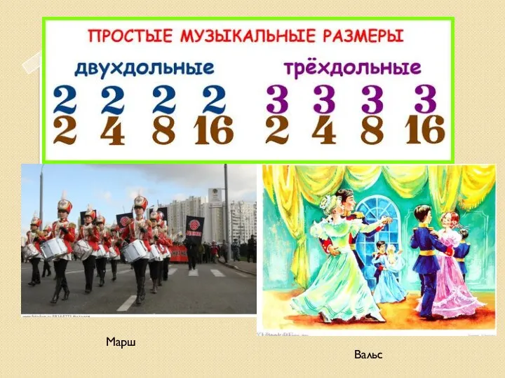 две разновидности метра: это двухдольный и трёхдольный. Двухдольный характеризуется одной сильной