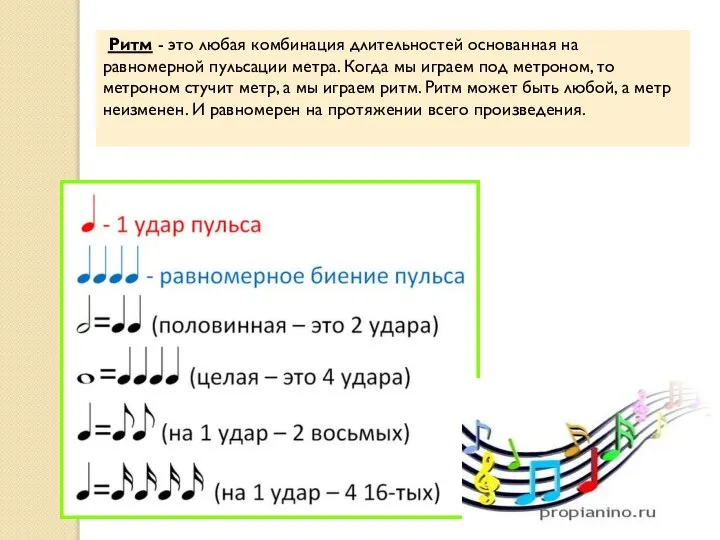 Ритм - это любая комбинация длительностей основанная на равномерной пульсации метра.