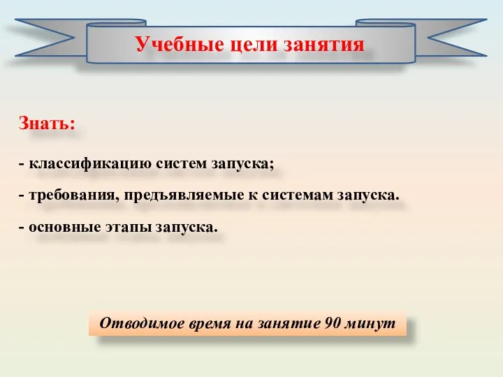 Отводимое время на занятие 90 минут Знать: - классификацию систем запуска;