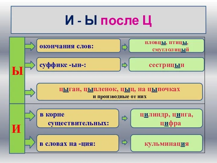 И - Ы после Ц Ы И окончания слов: суффикс -ын-: