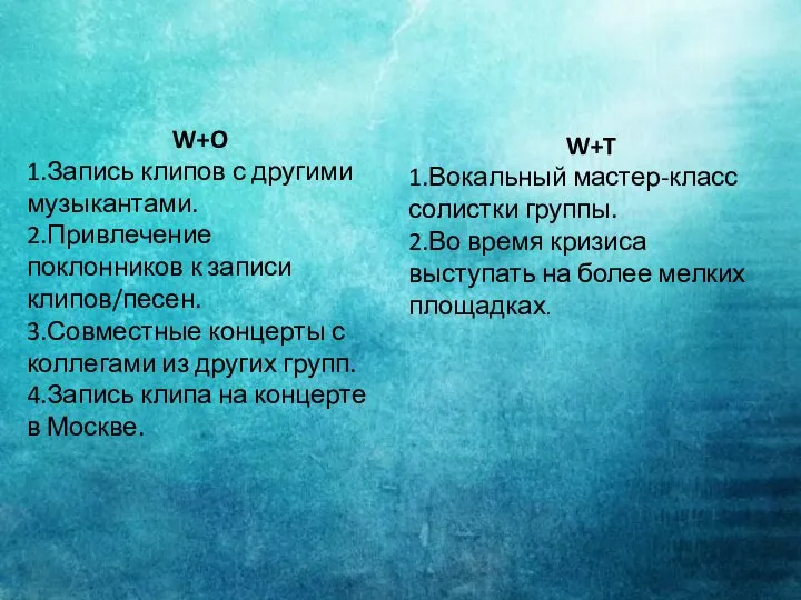 W+O 1.Запись клипов с другими музыкантами. 2.Привлечение поклонников к записи клипов/песен.