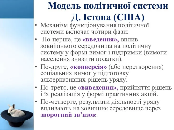 Модель політичної системи Д. Істона (США) Механізм функціонування політичної системи включає