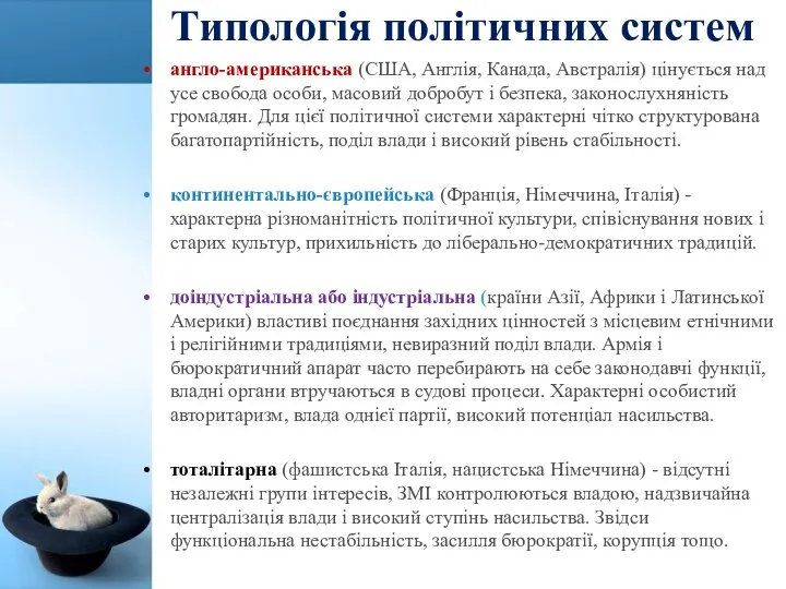 Типологія політичних систем англо-американська (США, Англія, Канада, Австралія) цінується над усе