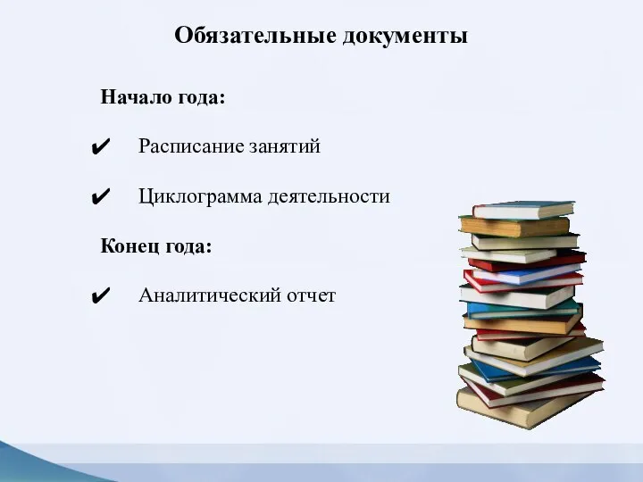 Обязательные документы Расписание занятий Циклограмма деятельности Аналитический отчет Начало года: Конец года: