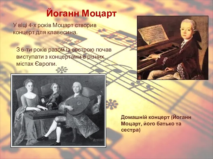 Йоганн Моцарт У віці 4-х років Моцарт створив концерт для клавесина.