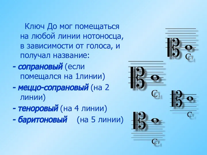 Ключ До мог помещаться на любой линии нотоносца, в зависимости от