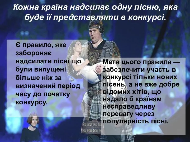 Кожна країна надсилає одну пісню, яка буде її представляти в конкурсі.