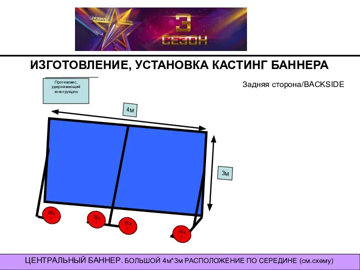 ИЗГОТОВЛЕНИЕ, УСТАНОВКА КАСТИНГ БАННЕРА ЦЕНТРАЛЬНЫЙ БАННЕР. БОЛЬШОЙ 4м*3м РАСПОЛОЖЕНИЕ ПО СЕРЕДИНЕ (см.схему) Задняя сторона/BACKSIDE