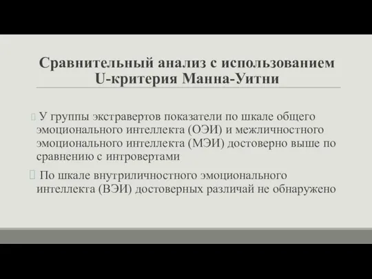 Сравнительный анализ с использованием U-критерия Манна-Уитни У группы экстравертов показатели по