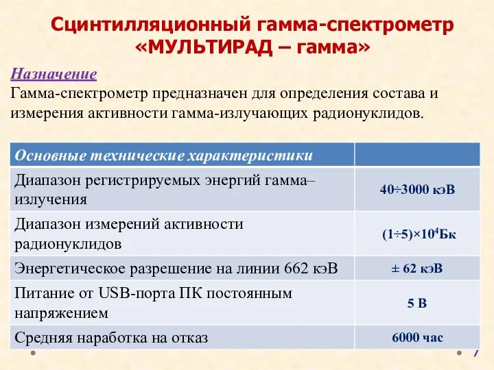 Назначение Гамма-спектрометр предназначен для определения состава и измерения активности гамма-излучающих радионуклидов. Сцинтилляционный гамма-спектрометр «МУЛЬТИРАД – гамма»