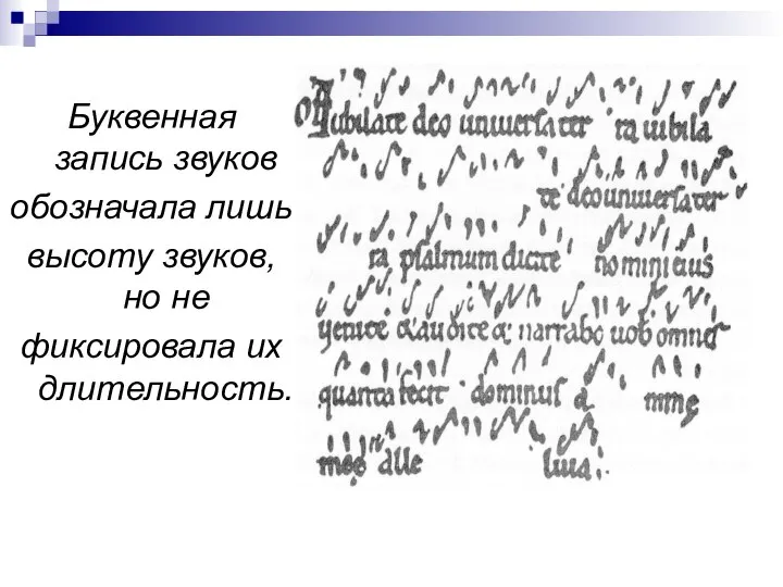 Буквенная запись звуков обозначала лишь высоту звуков, но не фиксировала их длительность.