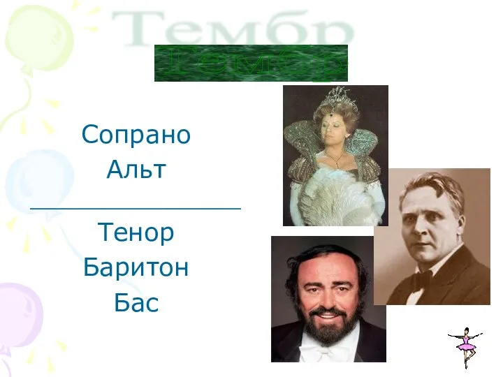 Сопрано Альт _________________ Тенор Баритон Бас Тембр