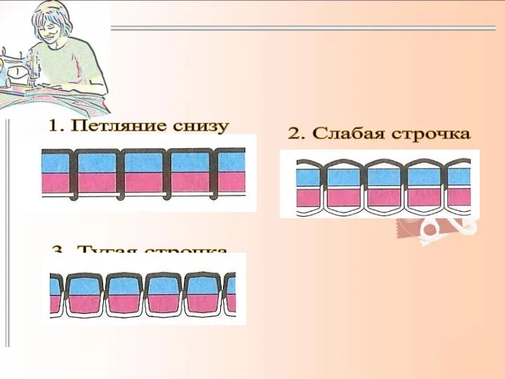 1. Петляние снизу 2. Слабая строчка 3. Тугая строчка