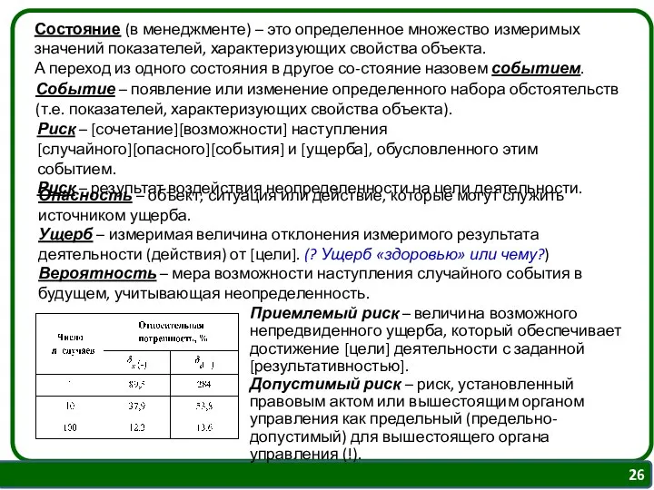 Состояние (в менеджменте) – это определенное множество измеримых значений показателей, характеризующих