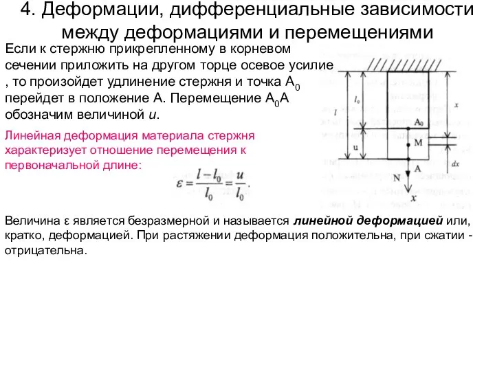 4. Деформации, дифференциальные зависимости между деформациями и перемещениями Если к стержню