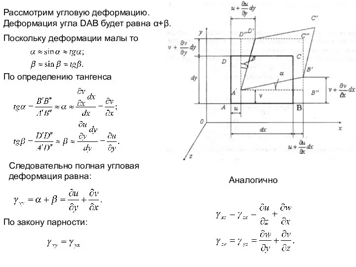 Рассмотрим угловую деформацию. Деформация угла DAB будет равна α+β. Поскольку деформации