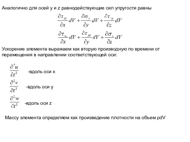 Аналогично для осей у и z равнодействующие сил упругости равны Ускорение