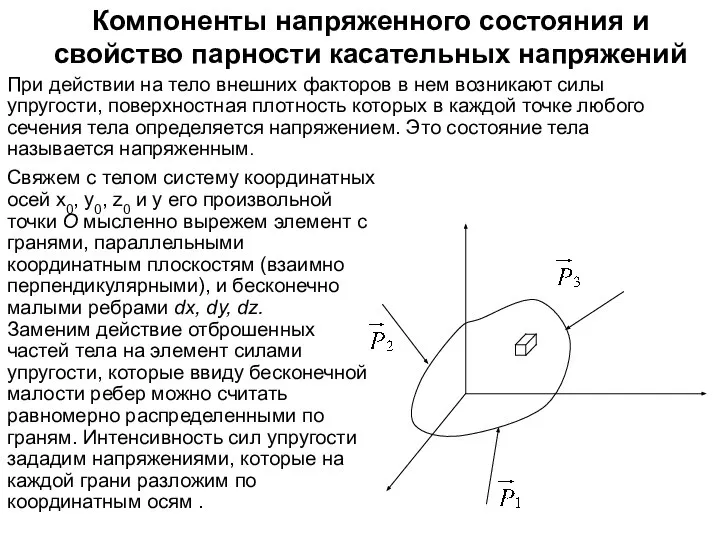 Компоненты напряженного состояния и свойство парности касательных напряжений При действии на