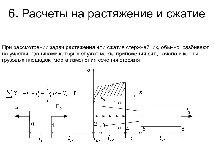 При рассмотрении задач растяжения или сжатия стержней, их, обычно, разбивают на