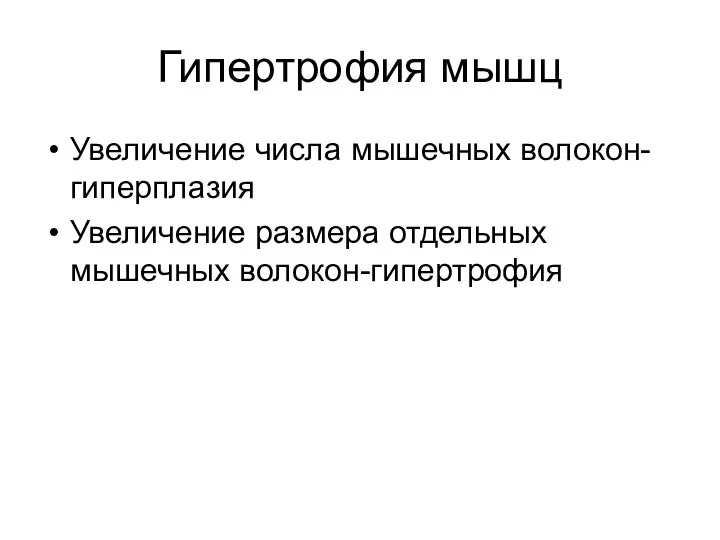 Гипертрофия мышц Увеличение числа мышечных волокон-гиперплазия Увеличение размера отдельных мышечных волокон-гипертрофия