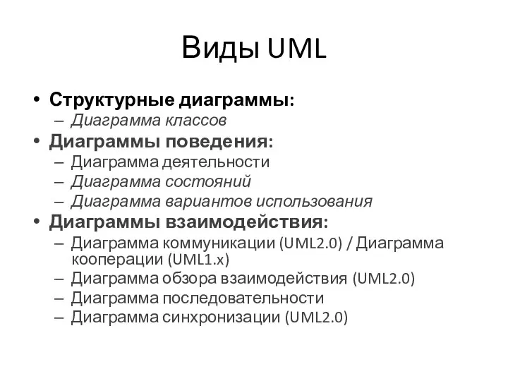 Виды UML Структурные диаграммы: Диаграмма классов Диаграммы поведения: Диаграмма деятельности Диаграмма