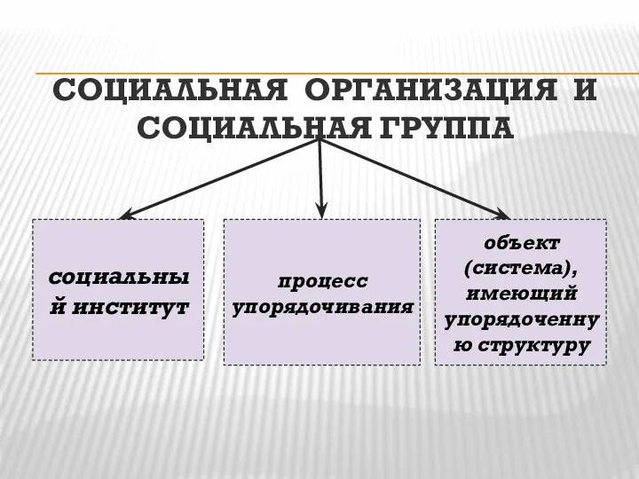 СОЦИАЛЬНАЯ ОРГАНИЗАЦИЯ И СОЦИАЛЬНАЯ ГРУППА социальный институт процесс упорядочивания объект (система), имеющий упорядоченную структуру