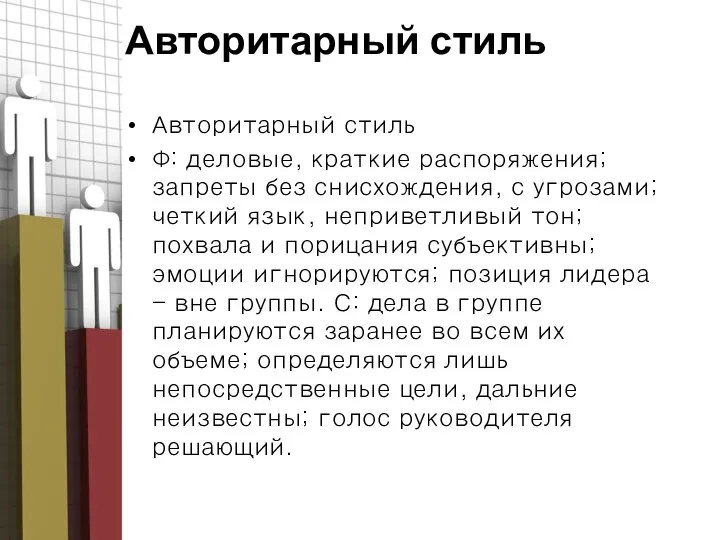 Авторитарный стиль Авторитарный стиль Ф: деловые, краткие распоряжения; запреты без снисхождения,