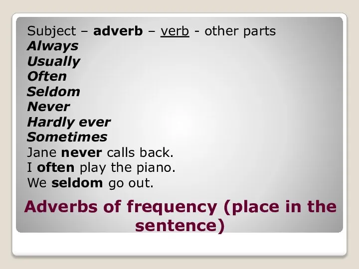 Adverbs of frequency (place in the sentence) Subject – adverb –