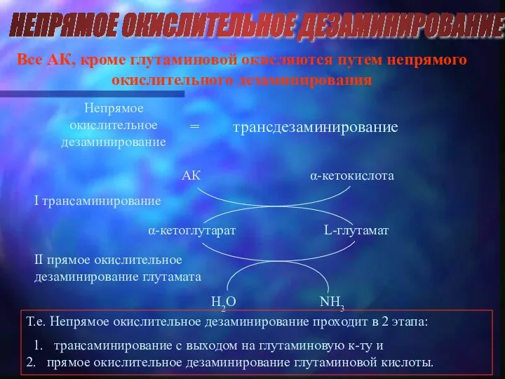 НЕПРЯМОЕ ОКИСЛИТЕЛЬНОЕ ДЕЗАМИНИРОВАНИЕ Все АК, кроме глутаминовой окисляются путем непрямого окислительного