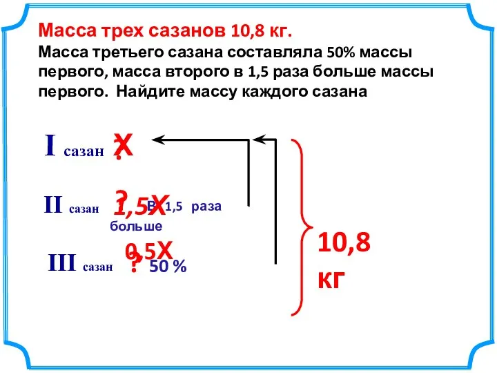 ? Масса трех сазанов 10,8 кг. Масса третьего сазана составляла 50%