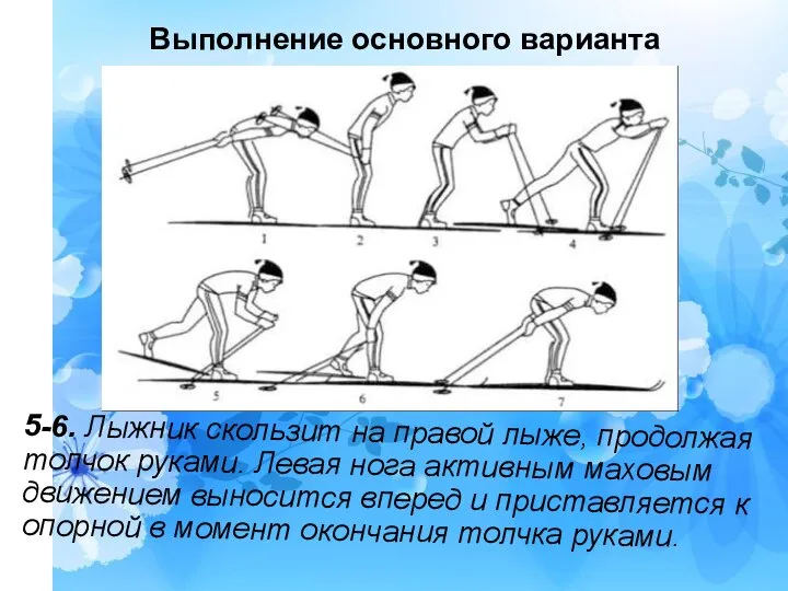 5-6. Лыжник скользит на правой лыже, продолжая толчок руками. Левая нога