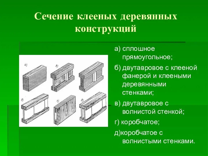 Сечение клееных деревянных конструкций а) сплошное прямоугольное; б) двутавровое с клееной