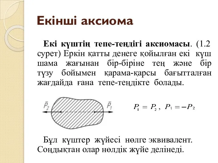 Екінші аксиома Екі күштің тепе-теңдігі аксиомасы. (1.2 сурет) Еркін қатты денеге