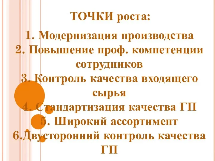 ТОЧКИ роста: 1. Модернизация производства 2. Повышение проф. компетенции сотрудников 3.