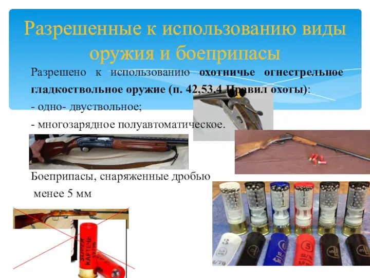 Разрешено к использованию охотничье огнестрельное гладкоствольное оружие (п. 42,53.4 Правил охоты):