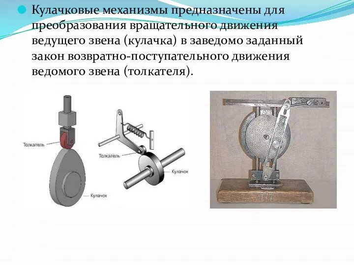 Кулачковые механизмы предназначены для преобразования вращательного движения ведущего звена (кулачка) в