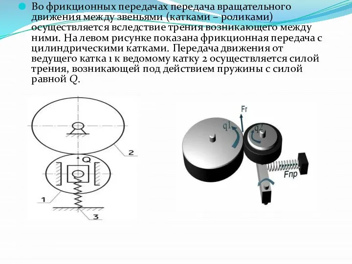 Во фрикционных передачах передача вращательного движения между звеньями (катками – роликами)