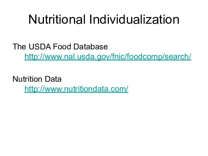 The USDA Food Database http://www.nal.usda.gov/fnic/foodcomp/search/ Nutrition Data http://www.nutritiondata.com/ Nutritional Individualization