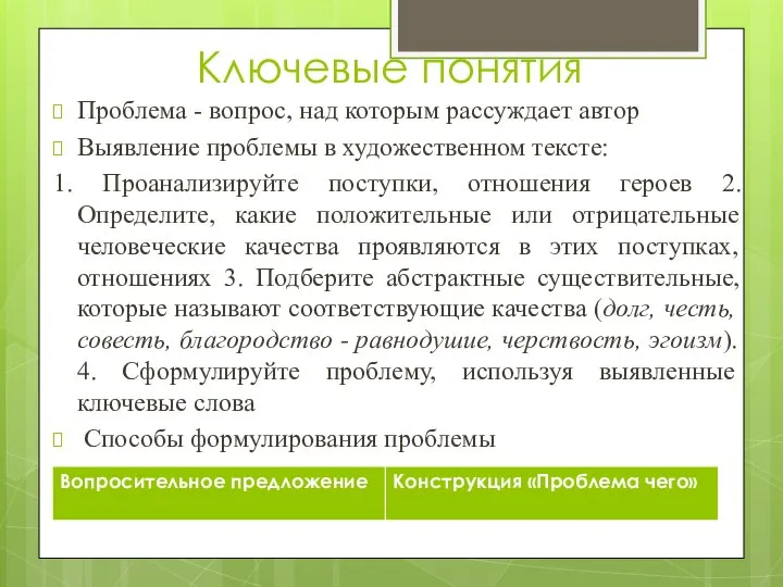 Ключевые понятия Проблема - вопрос, над которым рассуждает автор Выявление проблемы