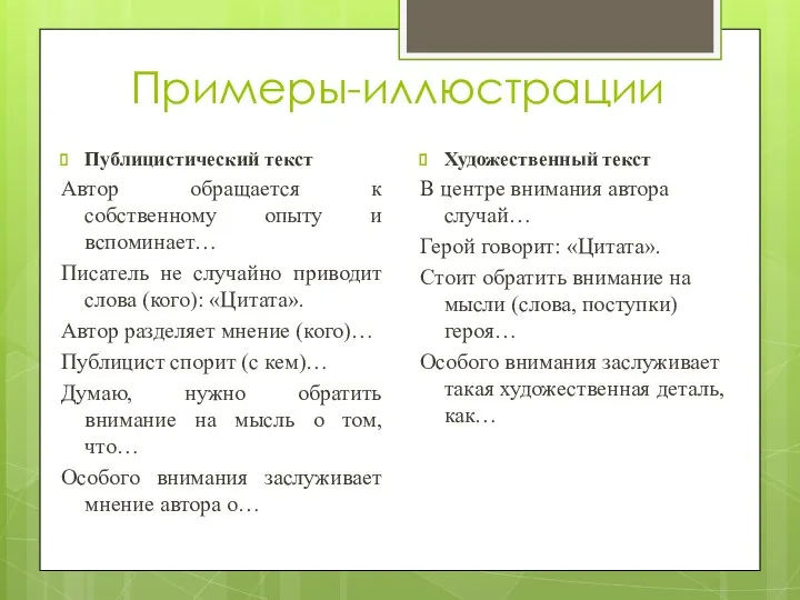 Примеры-иллюстрации Публицистический текст Автор обращается к собственному опыту и вспоминает… Писатель