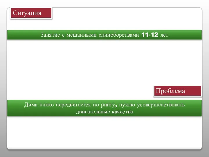 Ситуация Занятие с мешанными единоборствами 11-12 лет Проблема Дима плохо передвигается