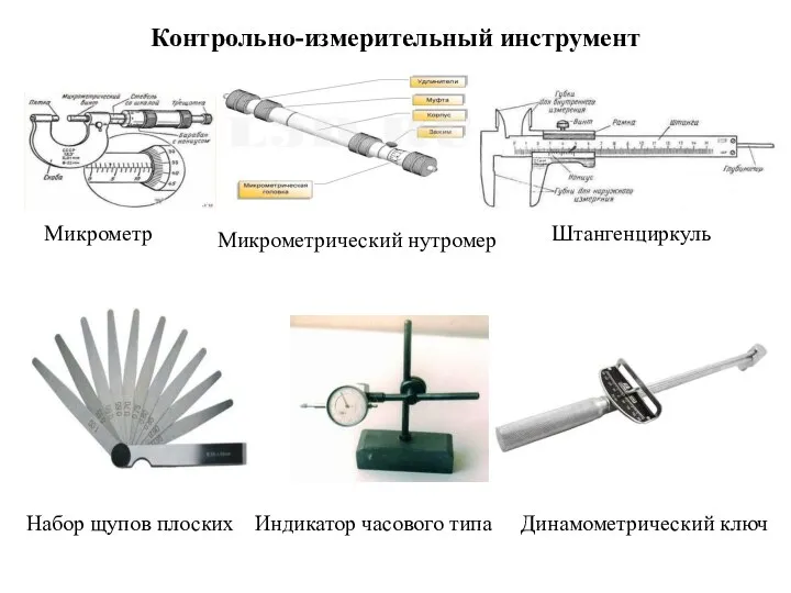 Контрольно-измерительный инструмент Микрометр Микрометрический нутромер Штангенциркуль Динамометрический ключ Индикатор часового типа Набор щупов плоских