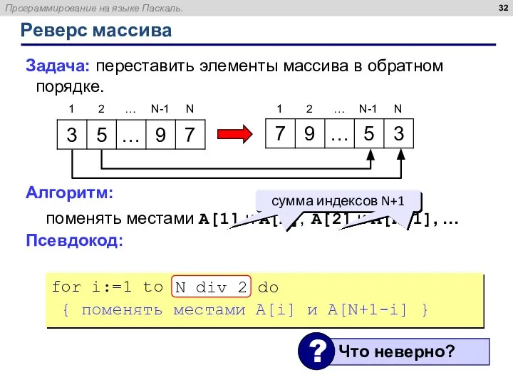 Реверс массива Задача: переставить элементы массива в обратном порядке. Алгоритм: поменять