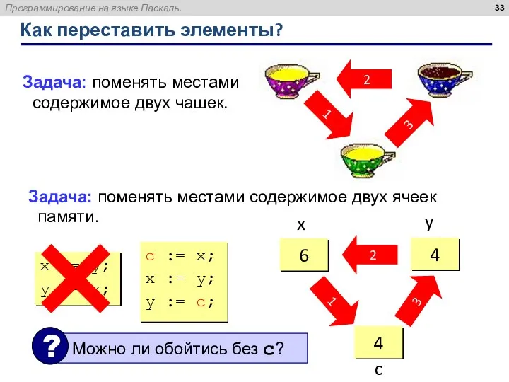 Как переставить элементы? 2 3 1 Задача: поменять местами содержимое двух