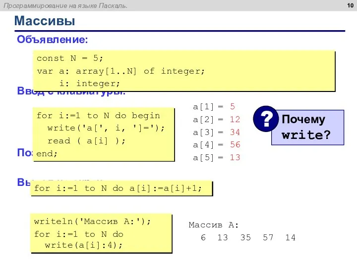 Массивы Объявление: Ввод с клавиатуры: Поэлементные операции: Вывод на экран: const